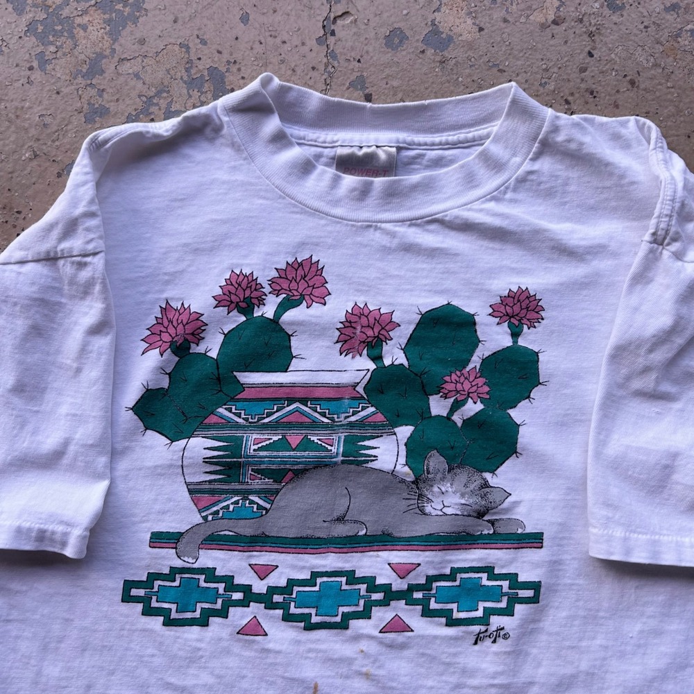 Vintage Power-T Cat Cactus T Shirt White XL Southwestern Graphic Desert USA Made